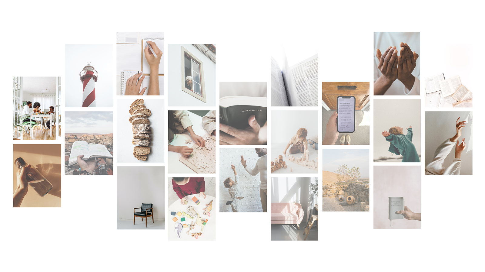 A collage of photos showing people praying, reading the Bible, writing and eating together
