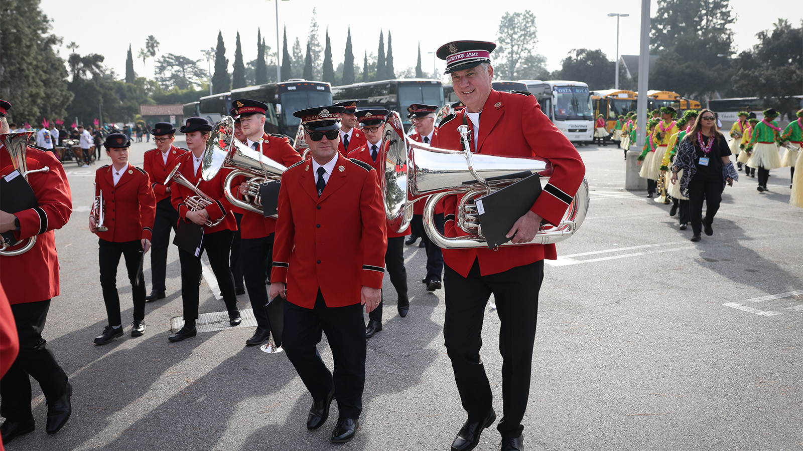 The Salvation Army Bromley Temple Band, from Bromley, England, prepares to perform at the Tournament of Roses Bandfest at Pasadena City College