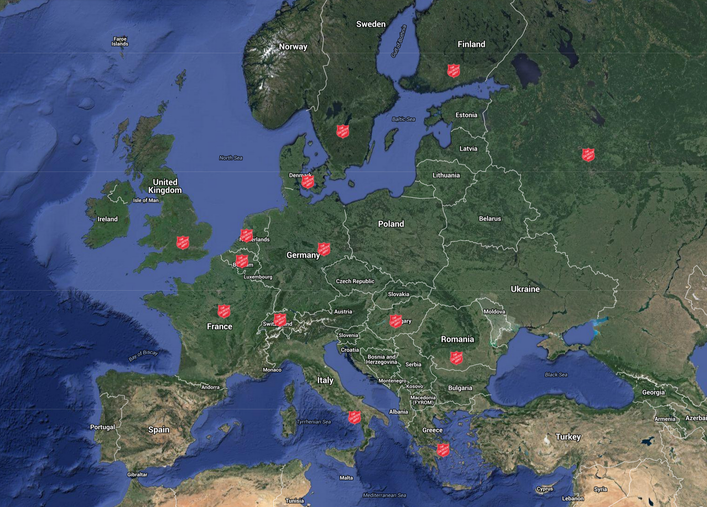 Map of Salvation Army refugee responses across Europe