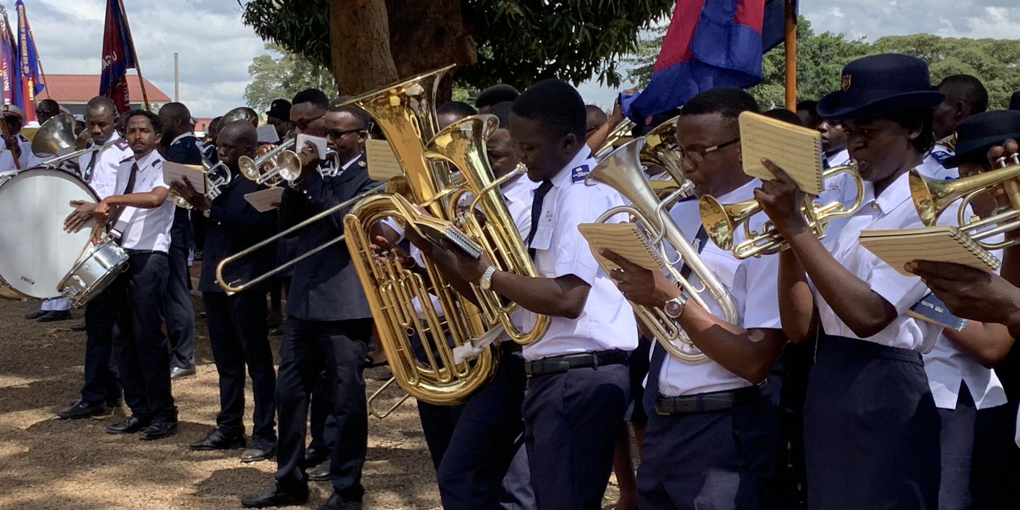 A group of Salvationists playing brass instruments