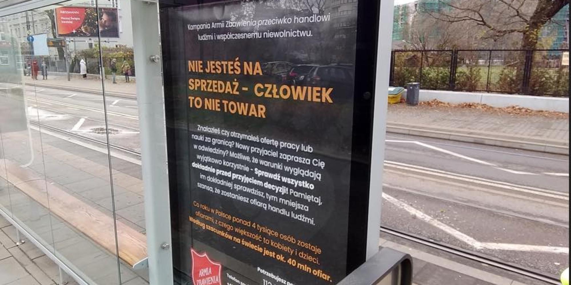 A Salvation Army advert at a bus stop highlighting the dangers of trafficking