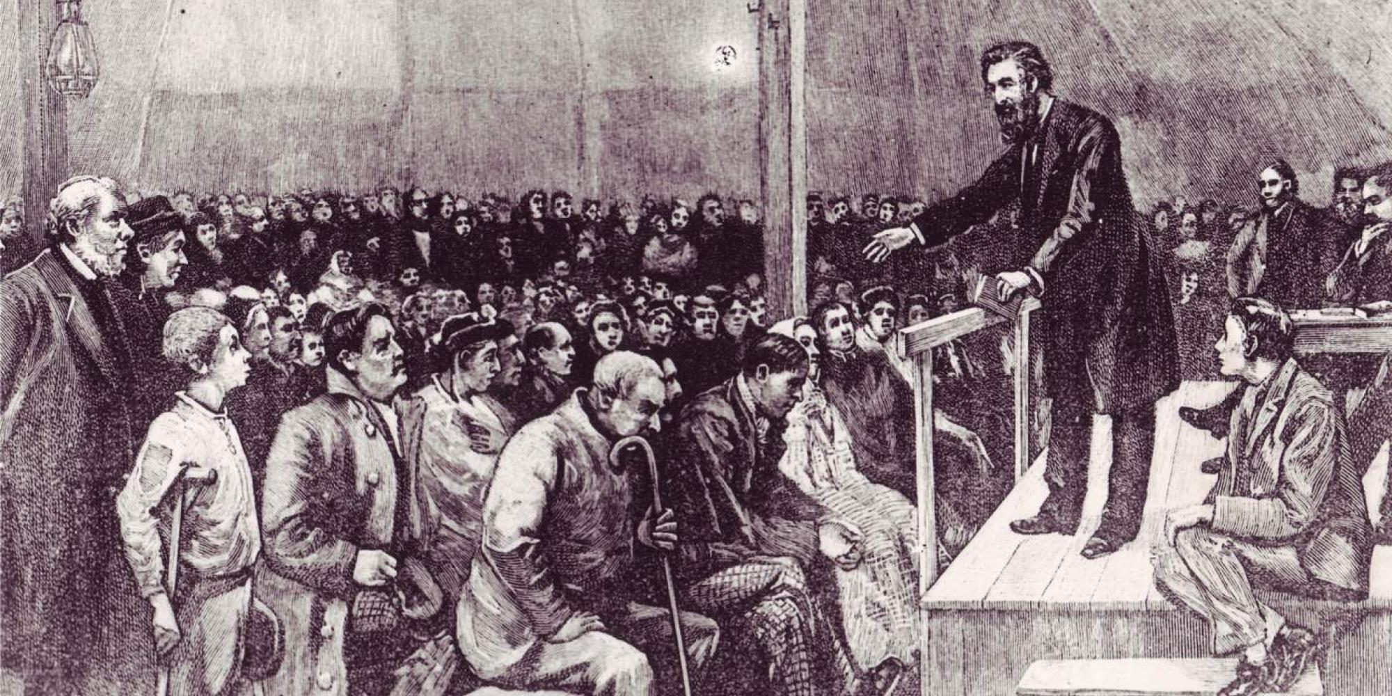 Illustration shows William Booth preaching to a large crowd of men and women