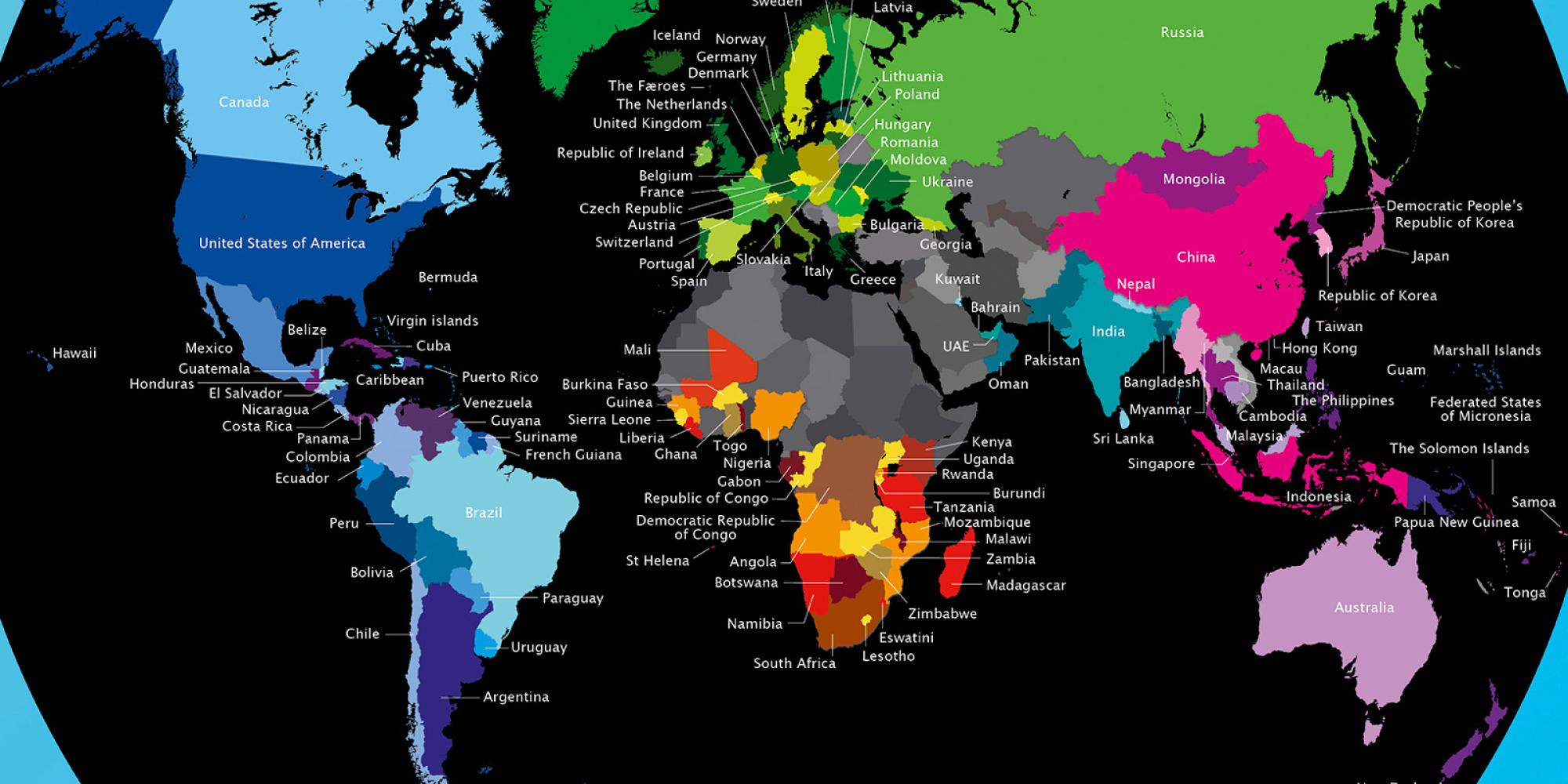World map with countries highlighted in different colours