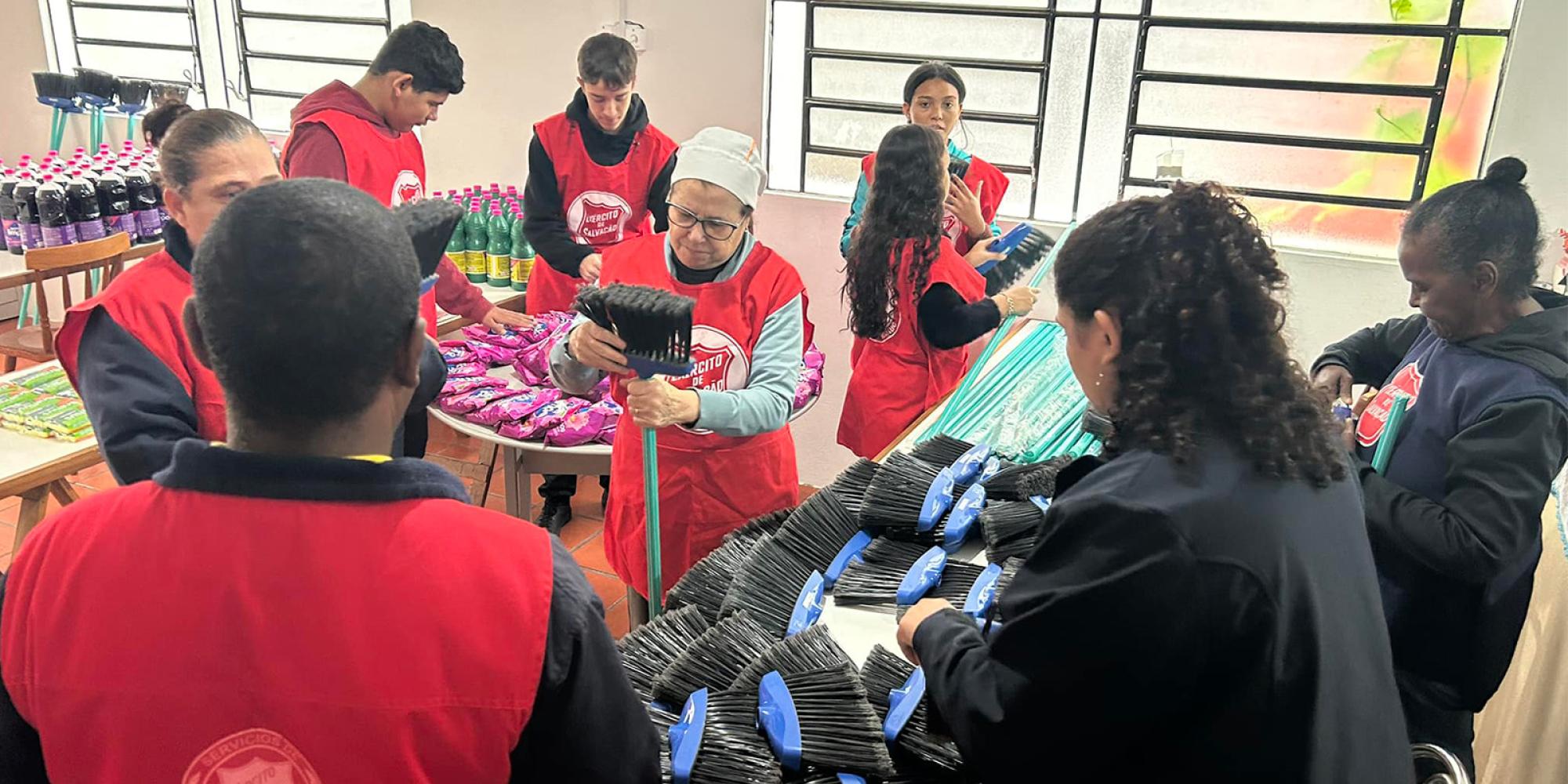 Salvation Army team members prepare clean up supplies