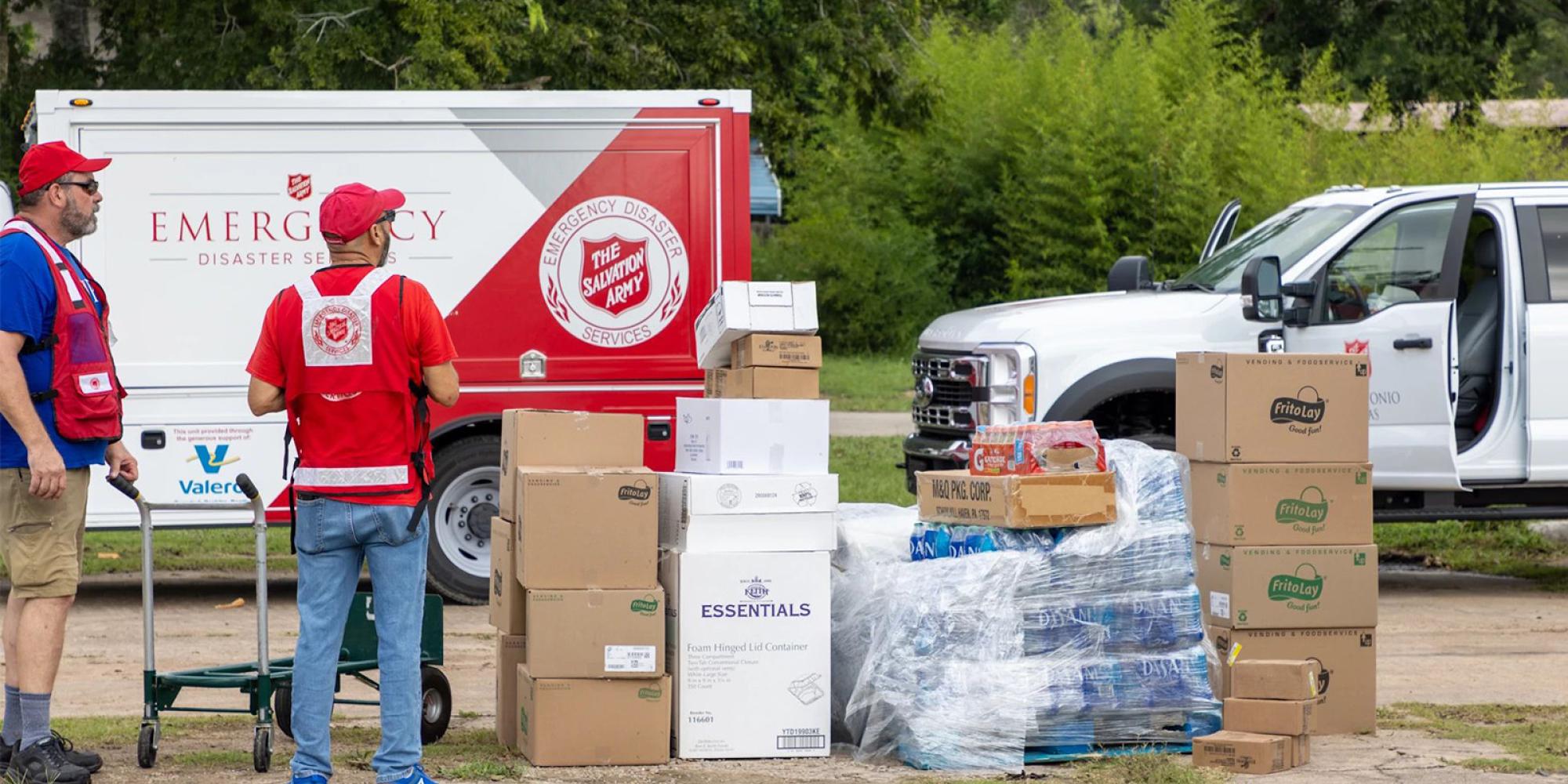 Salvation Army team members with emergency supplies