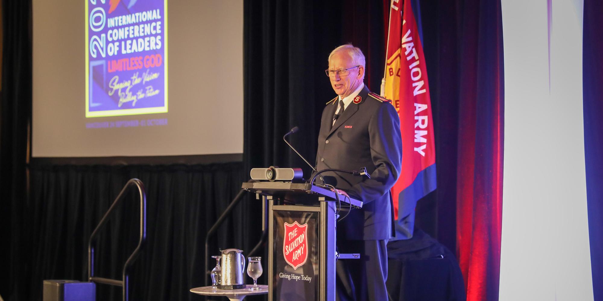 General Brian Peddle gives a speech