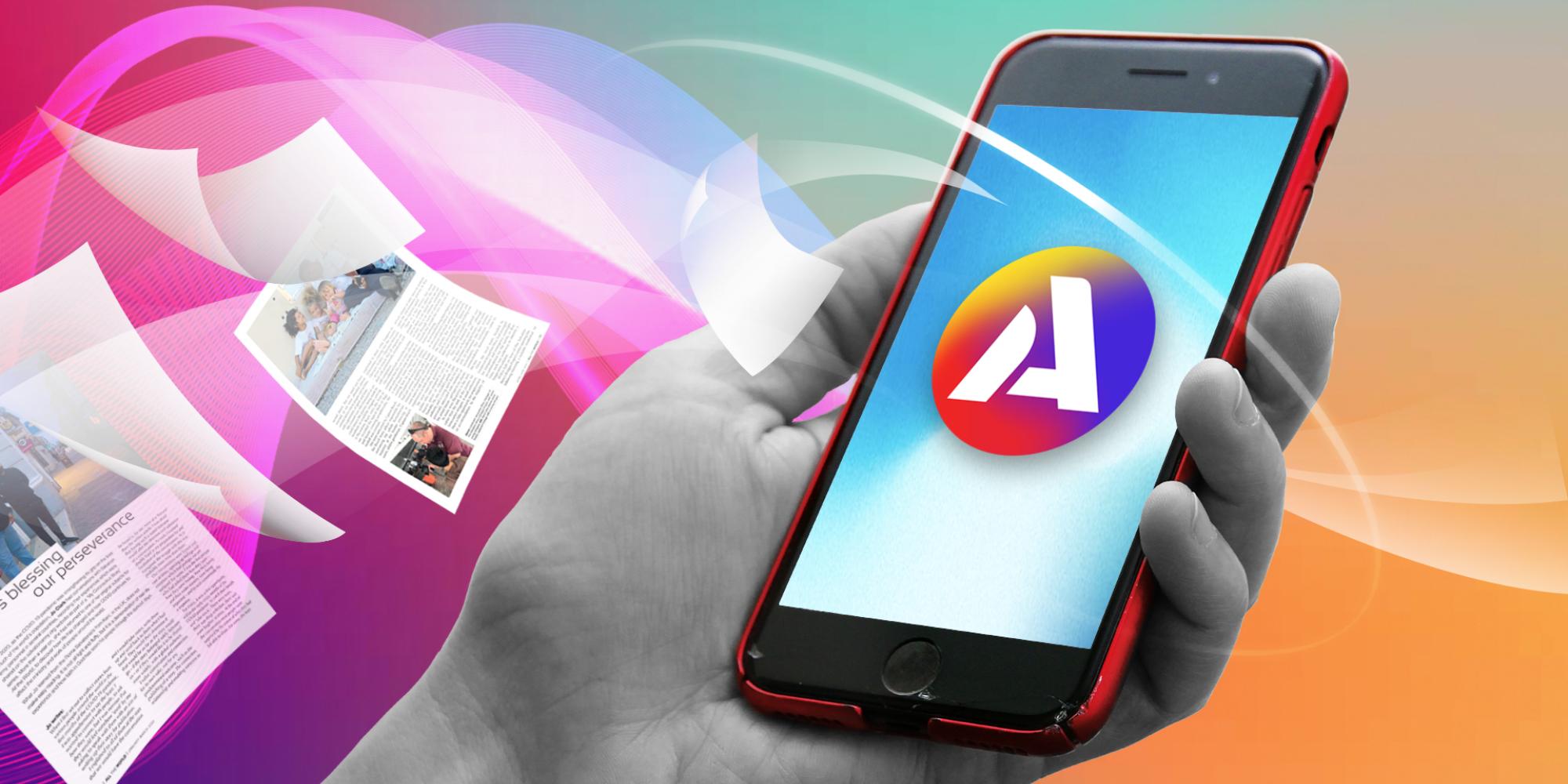 Lose pages of All the World printed magazine merge into a smart phone demonstrating the move from print to online