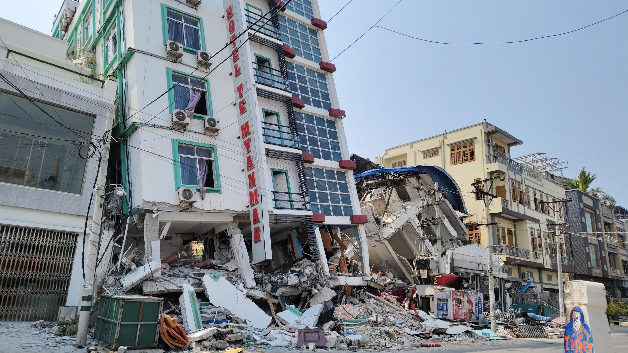 A partially collapsed hotel in Myanmar