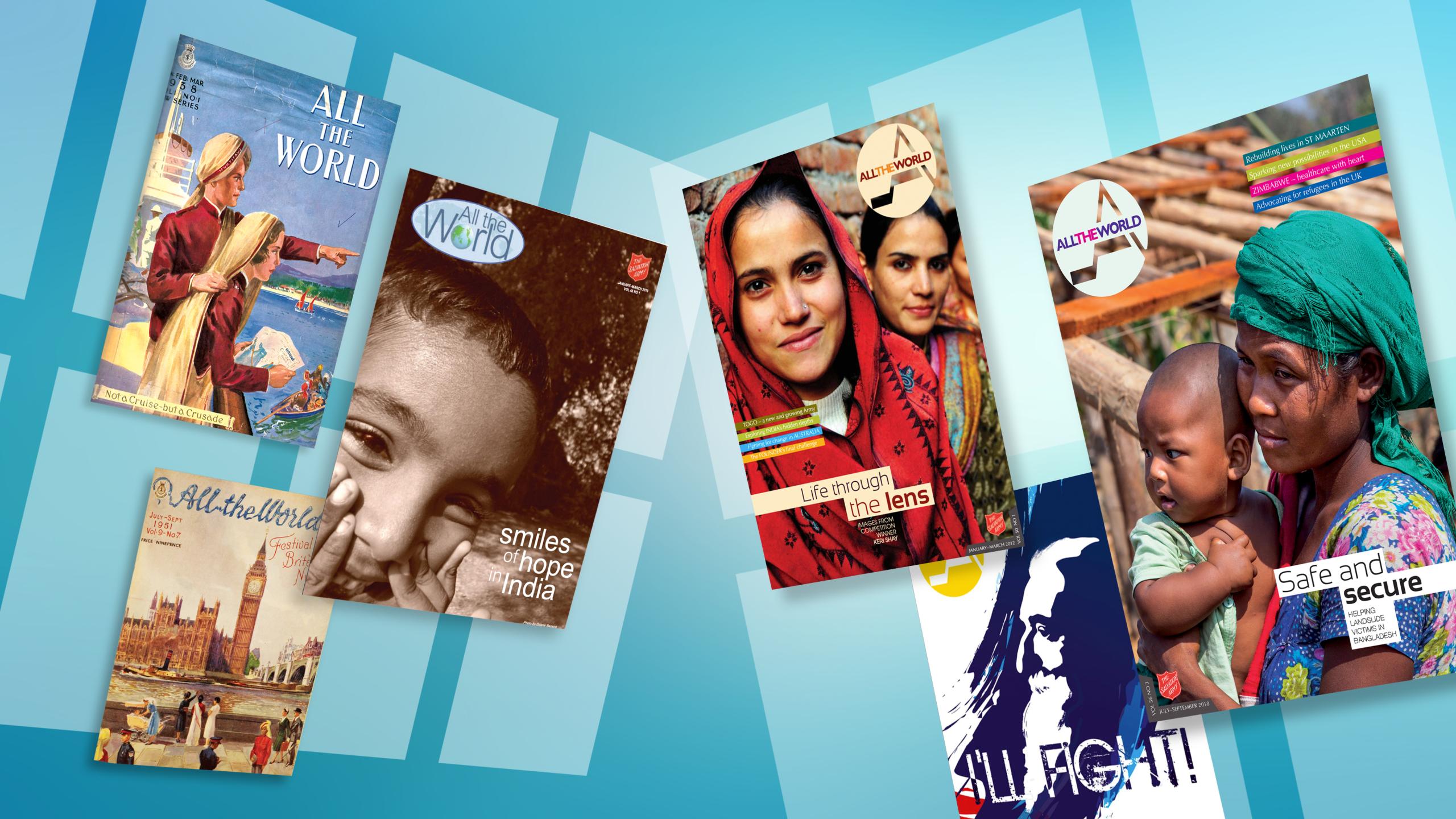 Previous front pages of the printed All the World magazine are displayed on a blue background