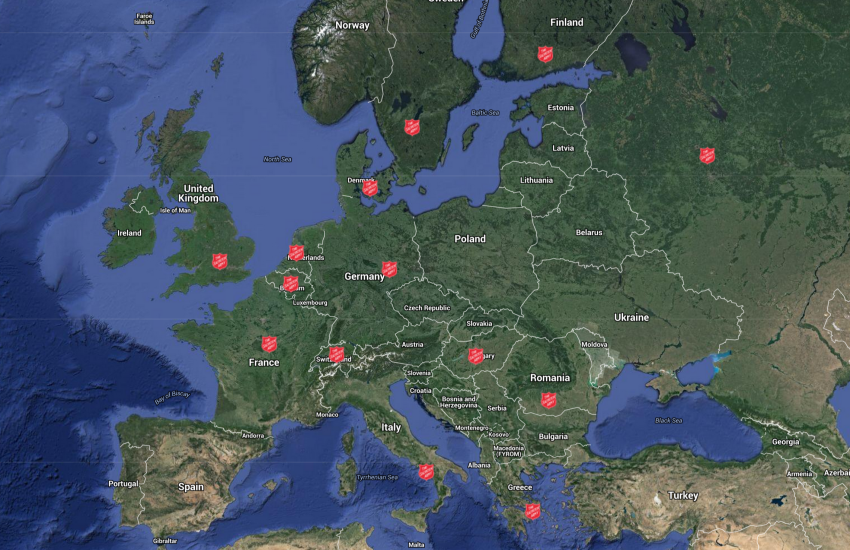 Map of Salvation Army refugee responses across Europe