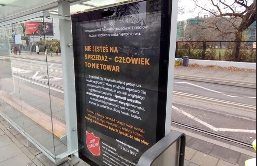 A Salvation Army advert at a bus stop highlighting the dangers of trafficking