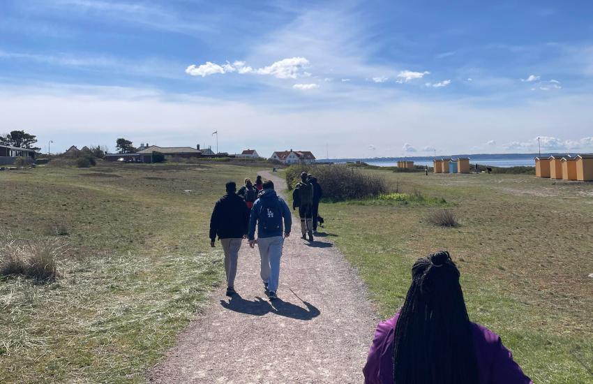 A group hike along a sunny road