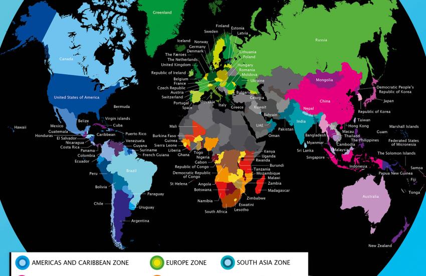 World map with countries highlighted in different colours
