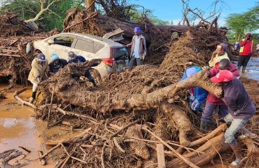 People move tree branches which have been washed up by flood waters
