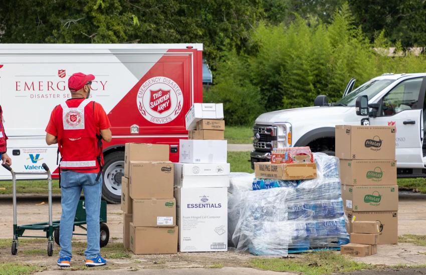 Salvation Army team members with emergency supplies