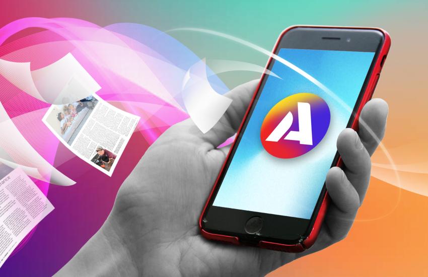 Lose pages of All the World printed magazine merge into a smart phone demonstrating the move from print to online
