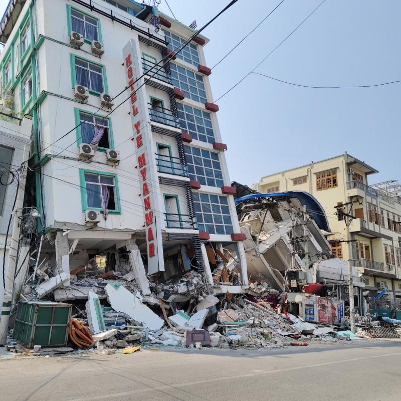 A partially collapsed hotel in Myanmar