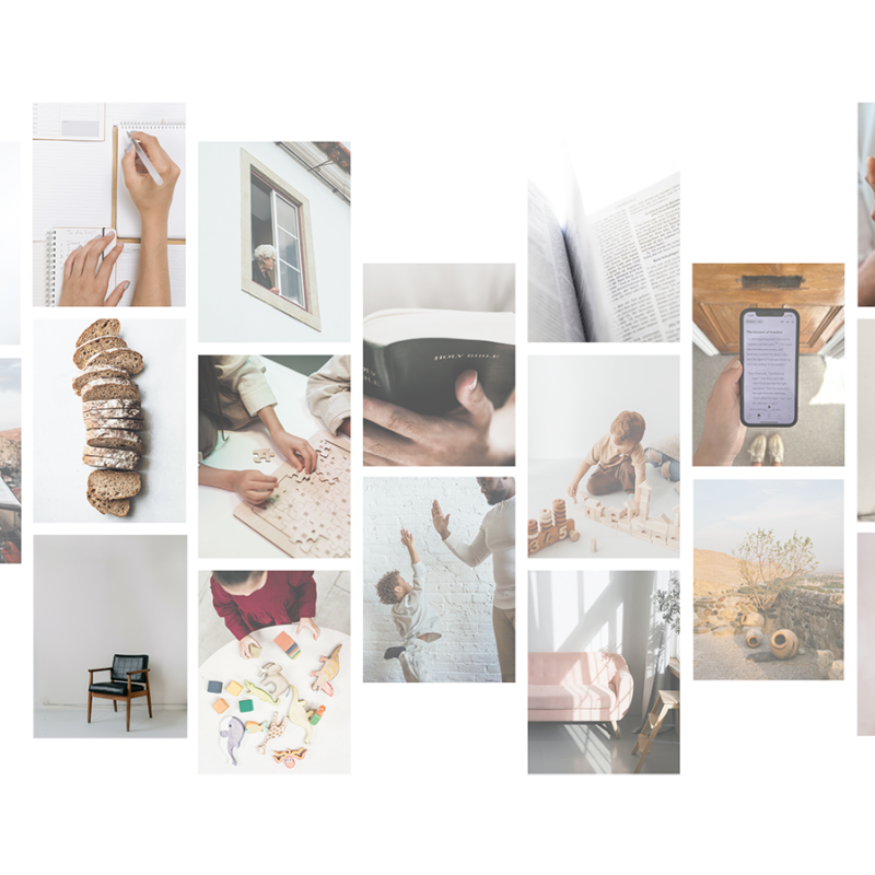 A collage of photos showing people praying, reading the Bible, writing and eating together