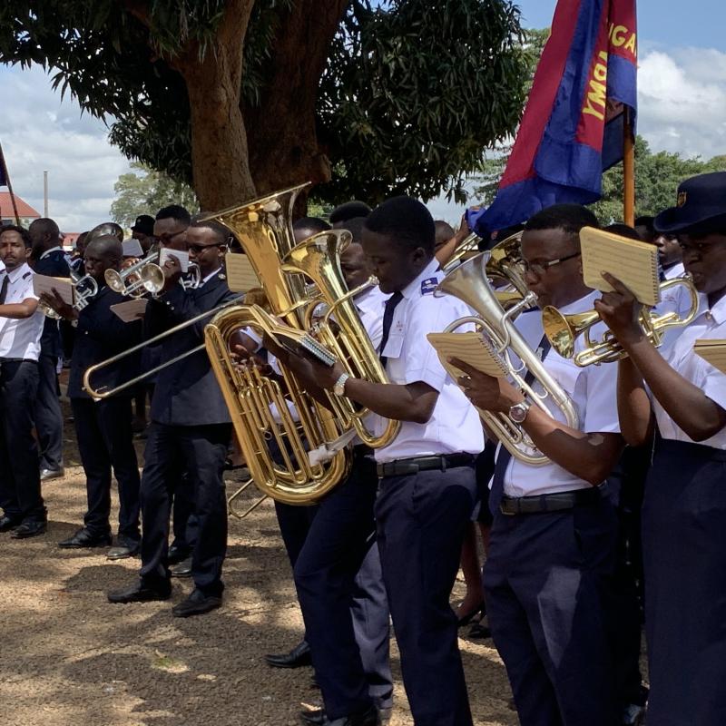 A group of Salvationists playing brass instruments