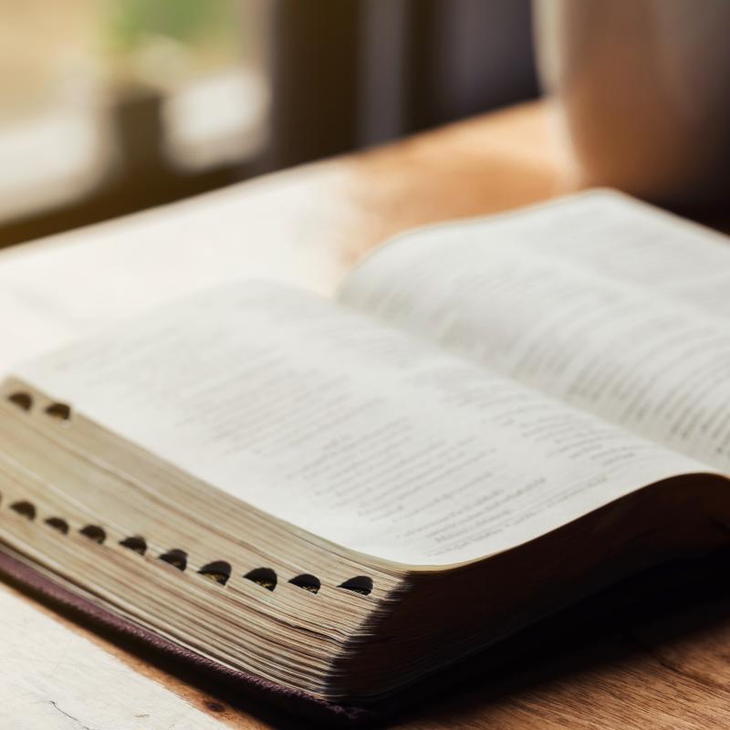 An open Bible sits on a table