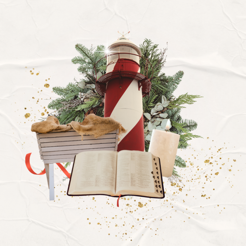 A Bible, lighthouse and manger