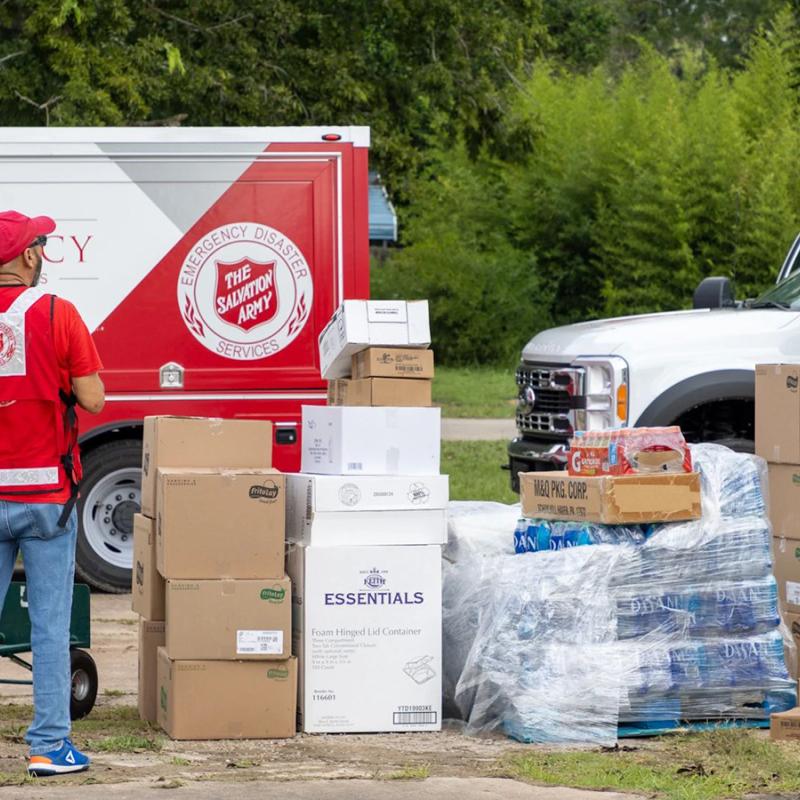 Salvation Army team members with emergency supplies